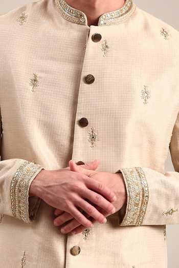 Buy_Mayank Modi - Men_Gold Chanderi Mirrors, Embroidery And Thread Sherwani Set For Kids_Online_at_Aza_Fashions