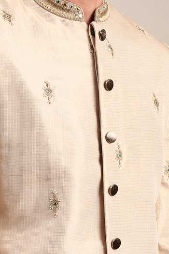 Mayank Modi - Men_Gold Chanderi Mirrors, Embroidery And Thread Sherwani Set For Kids_Online_at_Aza_Fashions