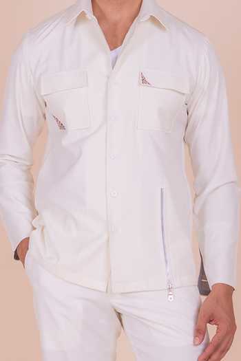 Design O Stitch_Cream Cotton Embroidery Digital Print Flap Pocket Shirt For Kids_Online_at_Aza_Fashions