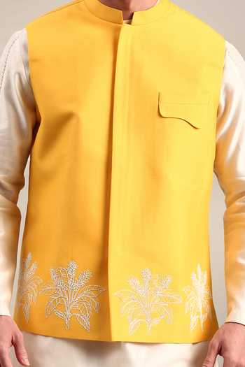 Mayank Modi - Men_Yellow Silk, Cotton Embroidery Floral Thread Bundi Set For Kids_Online_at_Aza_Fashions