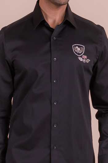 Design O Stitch Black Cotton Zari, Embroidery Motif Shirt For Kids Online at Aza Fashions Design O Stitch_Black Cotton Zari, Embroidery Motif Shirt For Kids_Online_at_Aza_Fashions