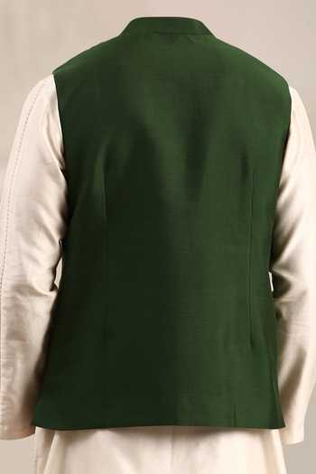 Mayank Modi - Men Floral Thread Embroidered Green Bundi Set For Kids