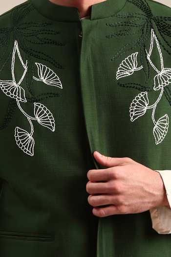 Mayank Modi - Men_Green Silk, Cotton Embroidery Floral Thread Bundi Set For Kids_Online_at_Aza_Fashions