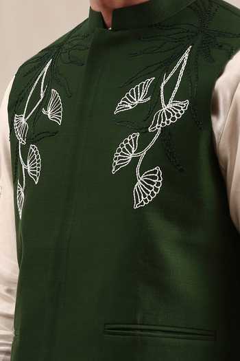 Buy_Mayank Modi - Men_Green Silk, Cotton Embroidery Floral Thread Bundi Set For Kids_Online_at_Aza_Fashions
