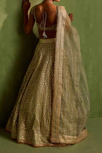 Neha Khullar Mint Green Woven Geometric Lehenga Set For Kids