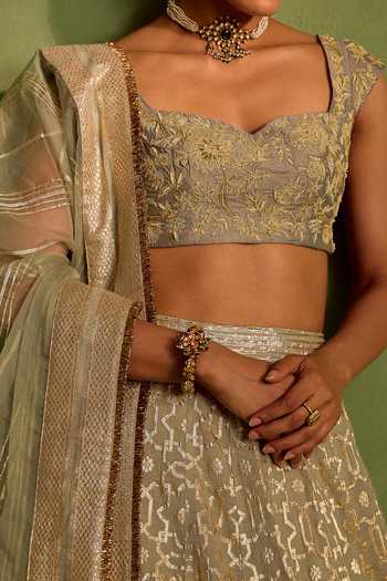 Neha Khullar_Green Organza, Chanderi Silk, Cotton Mint Woven Geometric Lehenga Set For Kids_Online_at_Aza_Fashions