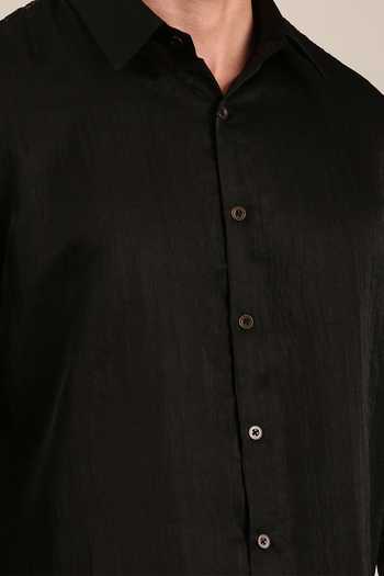 Mayank Modi - Men Black Silk Embroidery Floral Embellished Shirt For Kids Online at Aza Fashions Mayank Modi - Men_Black Silk Embroidery Floral Embellished Shirt For Kids_Online_at_Aza_Fashions