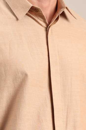 Mayank Modi - Men_Beige Cotton Embroidery Floral Thread Embellished Shirt For Kids_Online_at_Aza_Fashions