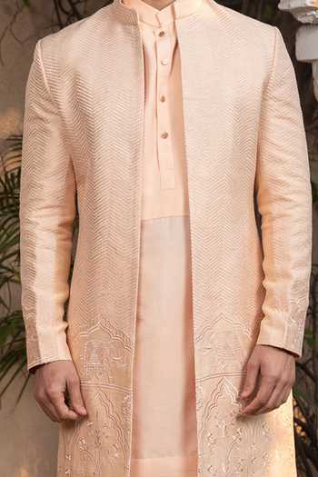 Buy_Design O Stitch_Peach Brocade Embroidery Heritage Elephant Sherwani Set For Kids_Online_at_Aza_Fashions
