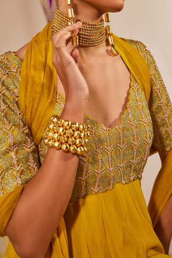 Anu Pellakuru_Yellow Georgette, Silk, Net Embroidery Badla Anarkali And Dupatta Set For Kids_Online_at_Aza_Fashions
