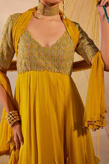 Buy_Anu Pellakuru_Yellow Georgette, Silk, Net Embroidery Badla Anarkali And Dupatta Set For Kids_Online_at_Aza_Fashions