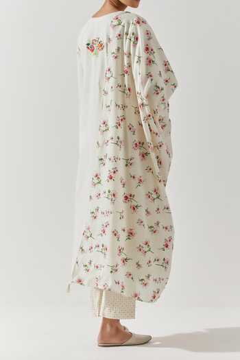 Label Earthen Ivory Floral Embroidered Kurta Set For Kids