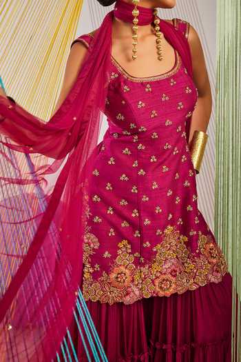 Anu Pellakuru_Magenta Silk, Chiffon, Net Embroidery, Zari Hand Kurta Sharara Set For Kids_Online_at_Aza_Fashions