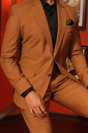 Design O Stitch_Beige Suede, Satin, Polyester Embroidery Brown Bird Motif Tuxedo Set For Kids_Online_at_Aza_Fashions