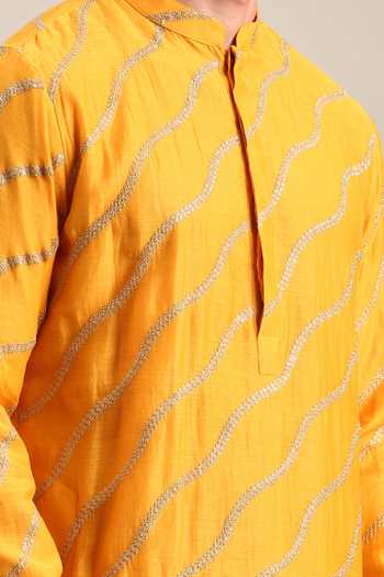 Mayank Modi - Men_Yellow Silk, Chanderi, Cotton Gota Patti Lace Embellished Kurta Set For Kids_Online_at_Aza_Fashions
