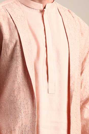 Mayank Modi - Men_Pink Chanderi Sequins Floral Embroidered Kurta Set For Kids_Online_at_Aza_Fashions