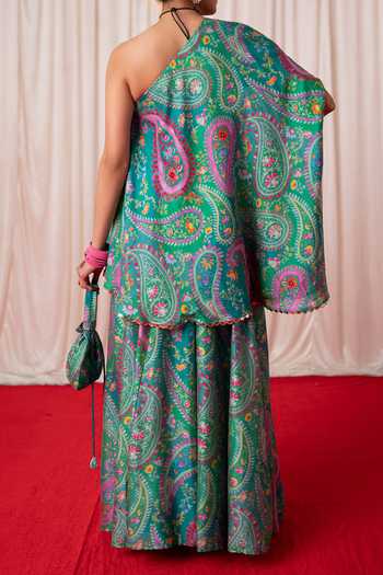 Shop Chrkha Mint Cotton Satin, Chanderi Silk Embroidery, Floral Print Kurta Sharara Set For Kids at Aza Fashions Shop_Chrkha_Mint Cotton Satin, Chanderi Silk Embroidery, Floral Print Kurta Sharara Set For Kids_at_Aza_Fashions