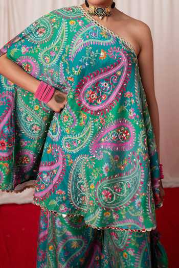 Chrkha Mint Cotton Satin, Chanderi Silk Embroidery, Floral Print Kurta Sharara Set For Kids Online at Aza Fashions Chrkha_Mint Cotton Satin, Chanderi Silk Embroidery, Floral Print Kurta Sharara Set For Kids_Online_at_Aza_Fashions