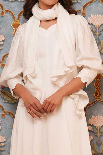 Buy_Leela By A_White Muslin Beads, Zari, Embroidery Cuff Anarkali Set For Kids_Online_at_Aza_Fashions