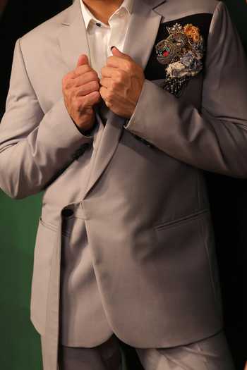 Buy_Design O Stitch_Gray Wool Embroidery Hand Grey Blazer And Lapel Pin For Kids_Online_at_Aza_Fashions