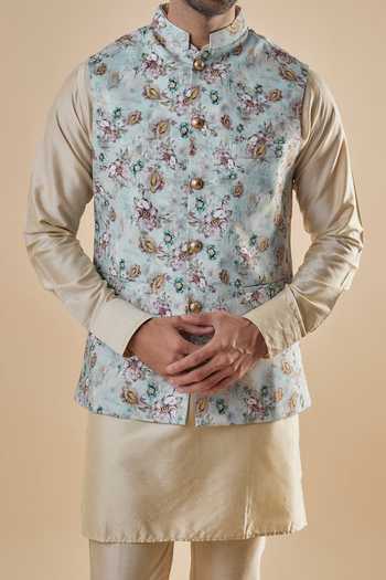 SPRING BREAK Blue Cotton, Silk Floral Printed Bundi Jacket And Kurta Set For Kids Online at Aza Fashions SPRING BREAK_Blue Cotton, Silk Floral Printed Bundi Jacket And Kurta Set For Kids_Online_at_Aza_Fashions