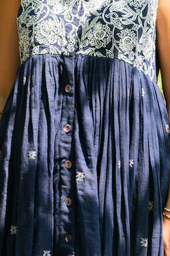 Label Earthen Floral Embroidered Navy Blue Anarkali For Kids