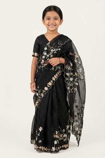 Label Earthen Black Foil Print Peplum Kurta Set For Kids