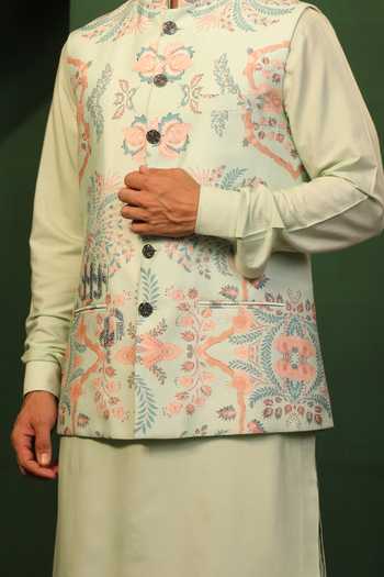 Buy_Design O Stitch_Sky Blue Silk Beads, Embroidery Floral Digital Print Kurta Set For Kids_Online_at_Aza_Fashions
