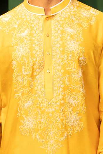 Design O Stitch_Yellow Silk, Cotton Embroidery Thread Kurta Set For Kids_Online_at_Aza_Fashions