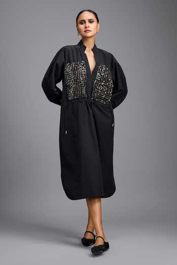 Deepika Arora_Black Mandarin Collar, V-neck Metallic Embellished Dress _Online_at_Aza_Fashions