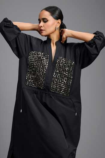 Buy_Deepika Arora_Black Mandarin Collar, V-neck Metallic Embellished Dress _Online_at_Aza_Fashions