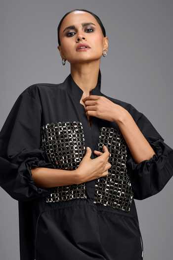 Shop_Deepika Arora_Black Mandarin Collar, V-neck Metallic Embellished Dress _Online_at_Aza_Fashions