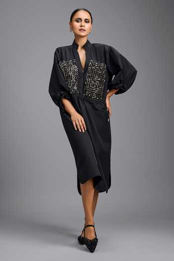 Deepika Arora_Black Mandarin Collar, V-neck Metallic Embellished Dress _at_Aza_Fashions