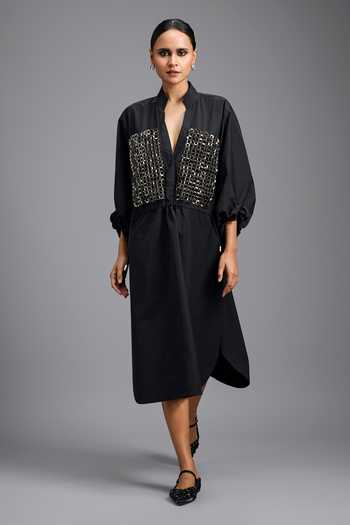 Buy_Deepika Arora_Black Mandarin Collar, V-neck Metallic Embellished Dress 