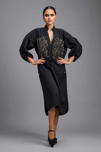 Shop_Deepika Arora_Black Mandarin Collar, V-neck Metallic Embellished Dress 