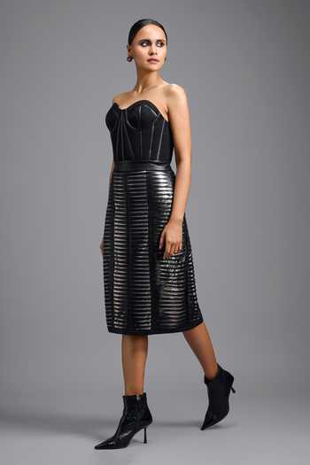Deepika Arora_Black Leather Stripe Skirt _Online_at_Aza_Fashions