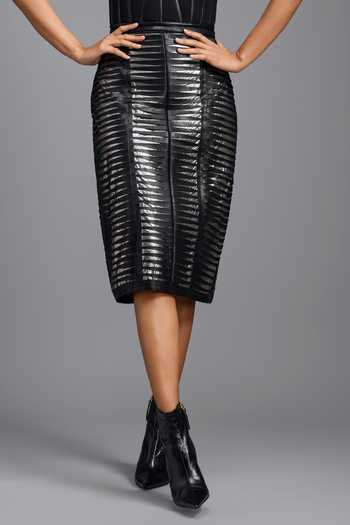 Shop_Deepika Arora_Black Leather Stripe Skirt _Online_at_Aza_Fashions