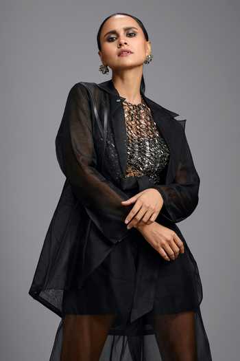 Deepika Arora_Black Organza High Neck Embellished Top And Overlay Pant Set _Online_at_Aza_Fashions