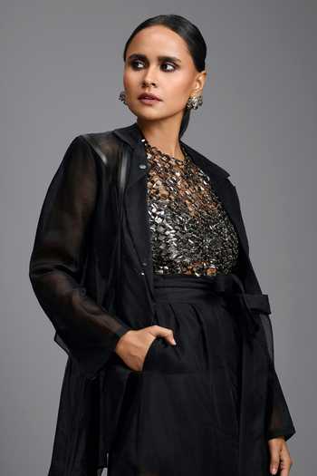 Deepika Arora_Black Organza High Neck Embellished Top And Overlay Pant Set _at_Aza_Fashions