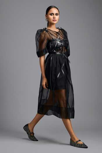 Deepika Arora Black Organza, Ponte Roma Round Neck, Sheer Dress With Embellished Corset Online at Aza Fashions Deepika Arora_Black Organza, Ponte Roma Round Neck, Sheer Dress With Embellished Corset _Online_at_Aza_Fashions