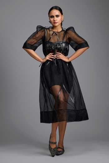 Buy Deepika Arora Black Organza, Ponte Roma Round Neck, Sheer Dress With Embellished Corset Online at Aza Fashions Buy_Deepika Arora_Black Organza, Ponte Roma Round Neck, Sheer Dress With Embellished Corset _Online_at_Aza_Fashions