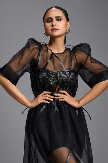 Shop Deepika Arora Black Organza, Ponte Roma Round Neck, Sheer Dress With Embellished Corset Online at Aza Fashions Shop_Deepika Arora_Black Organza, Ponte Roma Round Neck, Sheer Dress With Embellished Corset _Online_at_Aza_Fashions
