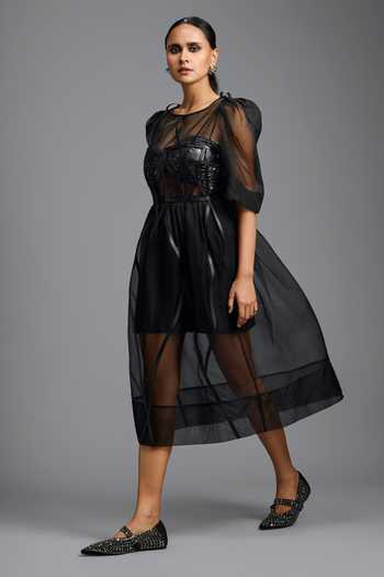 Deepika Arora Black Organza, Ponte Roma Round Neck, Sheer Dress With Embellished Corset at Aza Fashions Deepika Arora_Black Organza, Ponte Roma Round Neck, Sheer Dress With Embellished Corset _at_Aza_Fashions