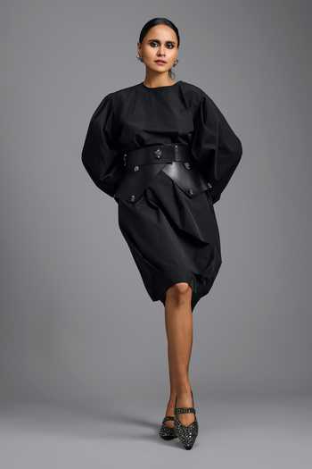 Deepika Arora Black Leather Round Neck Voluminous Sleeve Dress With Belt Online at Aza Fashions Deepika Arora_Black Leather Round Neck Voluminous Sleeve Dress With Belt _Online_at_Aza_Fashions
