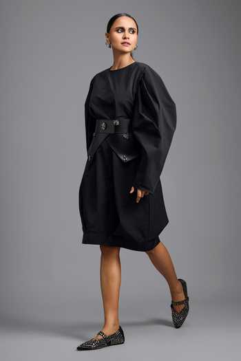 Buy Deepika Arora Black Leather Round Neck Voluminous Sleeve Dress With Belt Online at Aza Fashions Buy_Deepika Arora_Black Leather Round Neck Voluminous Sleeve Dress With Belt _Online_at_Aza_Fashions