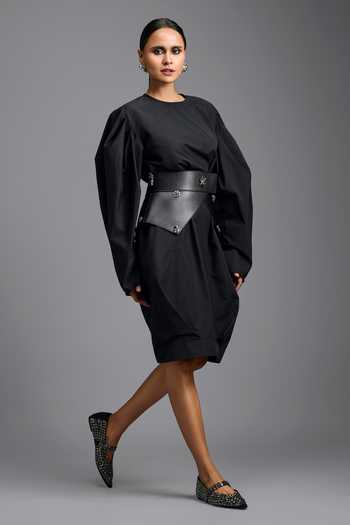Shop Deepika Arora Black Leather Round Neck Voluminous Sleeve Dress With Belt Online at Aza Fashions Shop_Deepika Arora_Black Leather Round Neck Voluminous Sleeve Dress With Belt _Online_at_Aza_Fashions