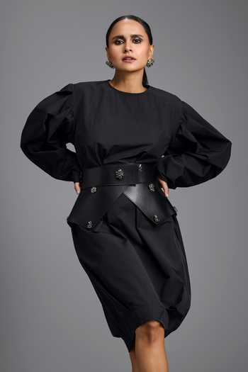 Deepika Arora Black Leather Round Neck Voluminous Sleeve Dress With Belt at Aza Fashions Deepika Arora_Black Leather Round Neck Voluminous Sleeve Dress With Belt _at_Aza_Fashions