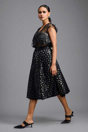 Deepika Arora_Black Leather Geometric Cutwork Skirt _at_Aza_Fashions