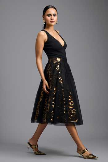 Buy_Deepika Arora_Black Leather Geometric Cutwork Skirt _Online_at_Aza_Fashions