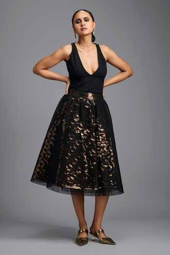 Deepika Arora_Black Leather Geometric Cutwork Skirt _at_Aza_Fashions
